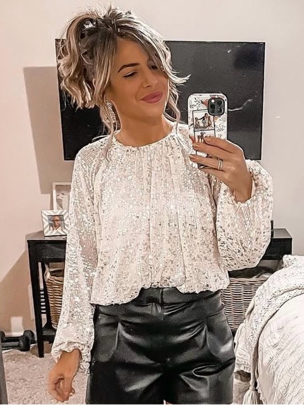 H&M White Sequin Long-Sleeve Blouson Top